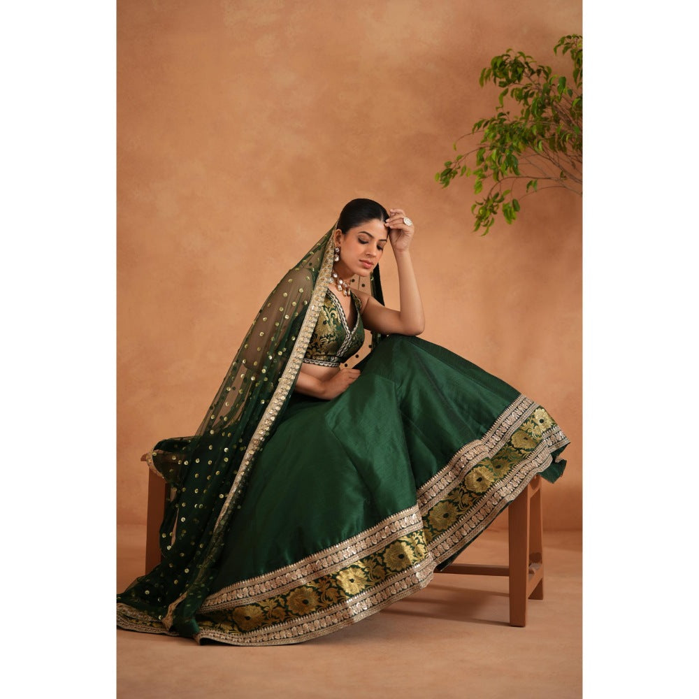 Deepika Chadha Bottle Green Brocade Blouse with Lehenga and Dupatta (Set of 3)