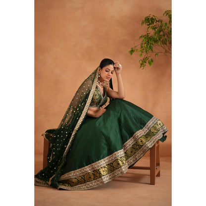 Deepika Chadha Bottle Green Brocade Blouse with Lehenga and Dupatta (Set of 3)