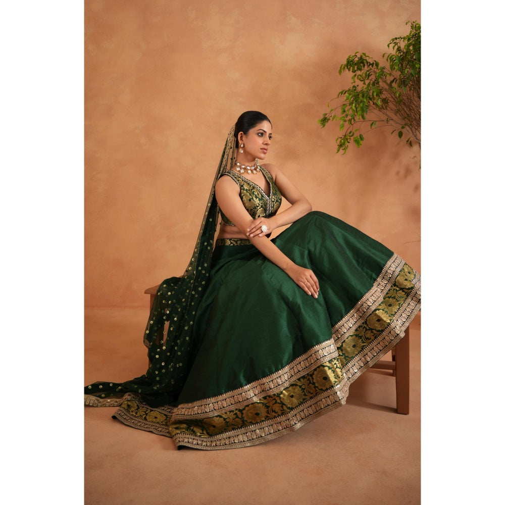 Deepika Chadha Bottle Green Brocade Blouse with Lehenga and Dupatta (Set of 3)