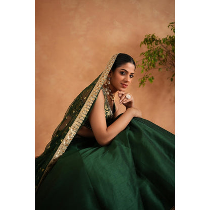 Deepika Chadha Bottle Green Brocade Blouse with Lehenga and Dupatta (Set of 3)