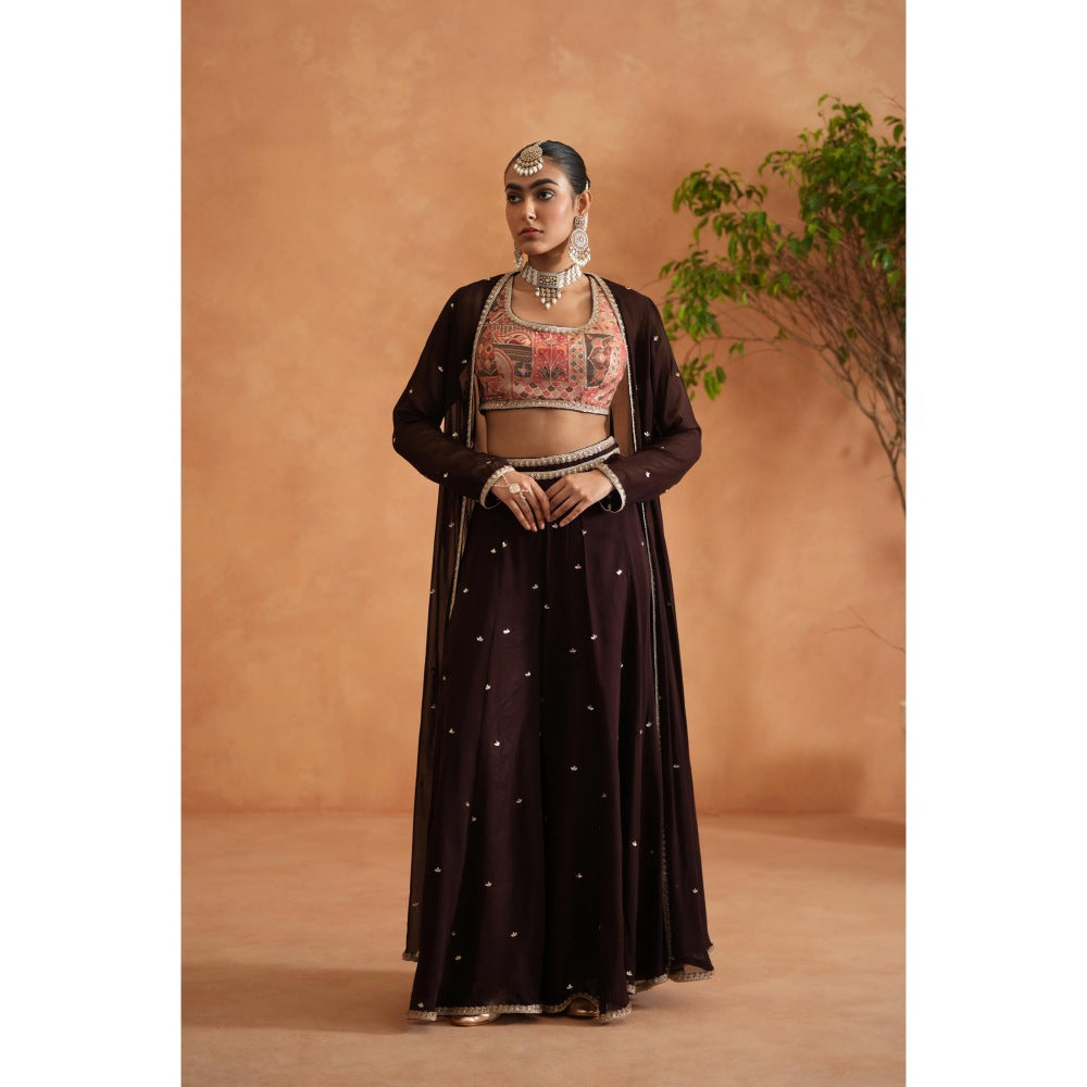 Deepika Chadha Brown Printed Blouse with Palazzo and Long Jacket (Set of 3)
