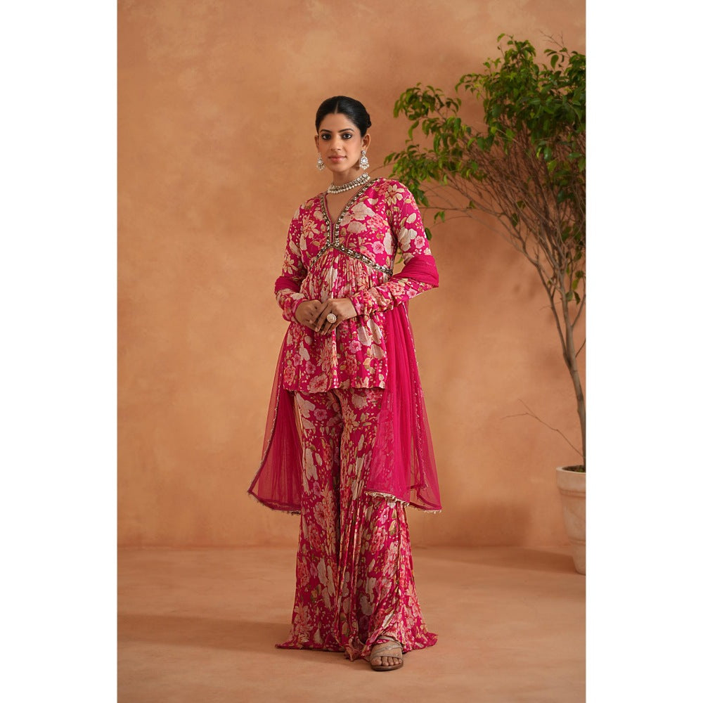 Deepika Chadha Pink Embroidered Peplum Top with Sharara and Dupatta (Set of 3)