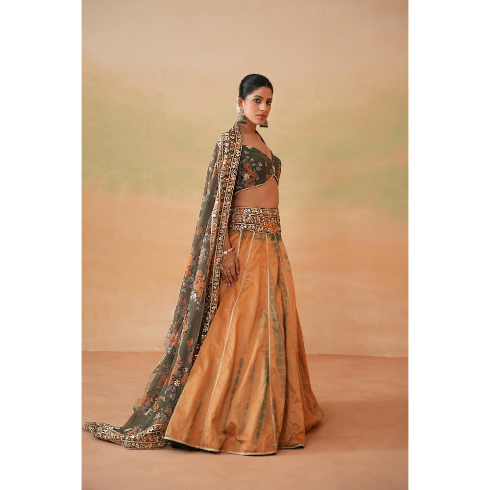 Deepika Chadha Olive Green Printed Blouse with Lehenga and Dupatta (Set of 3)