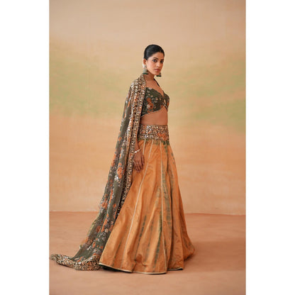 Deepika Chadha Olive Green Printed Blouse with Lehenga and Dupatta (Set of 3)