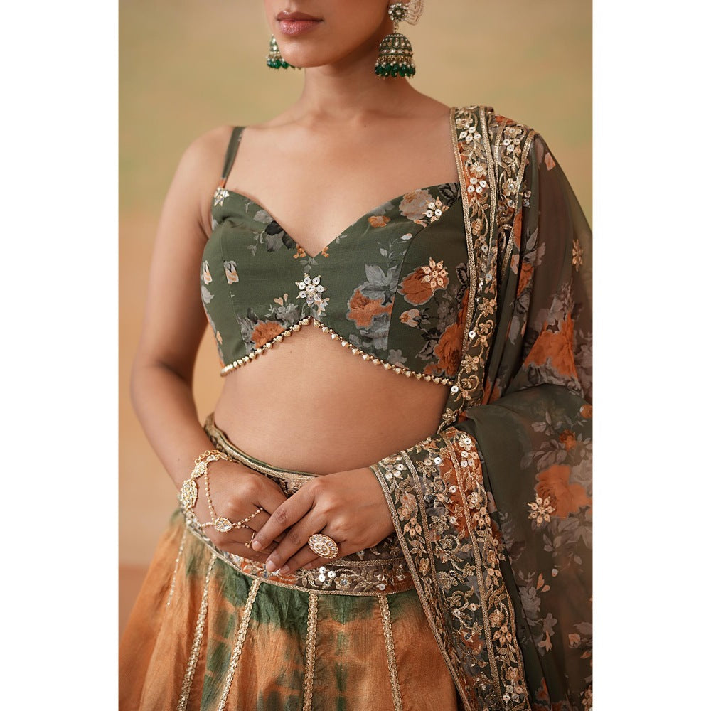 Deepika Chadha Olive Green Printed Blouse with Lehenga and Dupatta (Set of 3)
