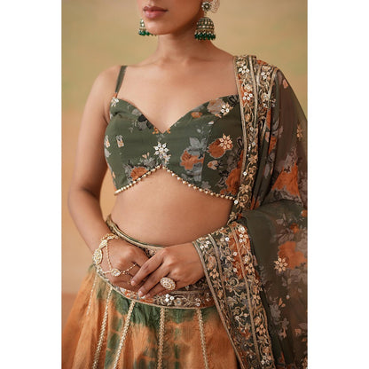 Deepika Chadha Olive Green Printed Blouse with Lehenga and Dupatta (Set of 3)