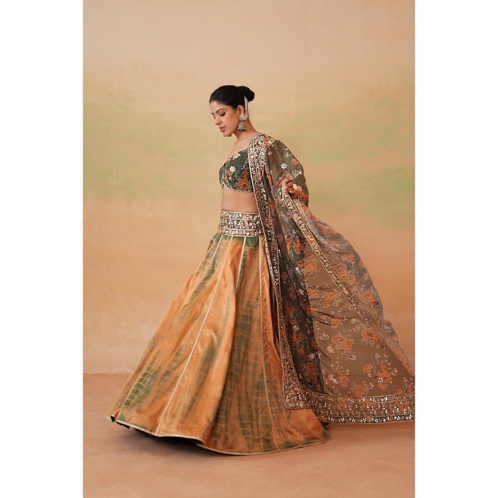 Deepika Chadha Olive Green Printed Blouse with Lehenga and Dupatta (Set of 3)