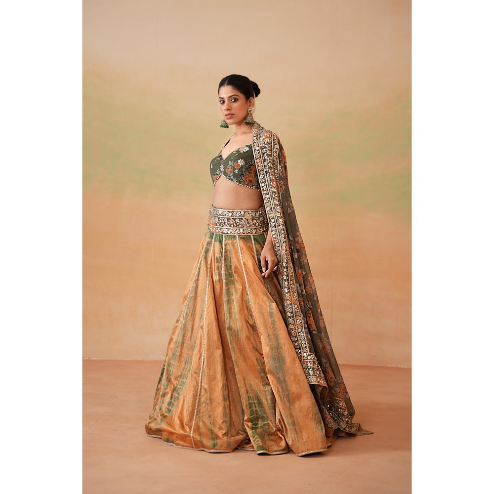 Deepika Chadha Olive Green Printed Blouse with Lehenga and Dupatta (Set of 3)