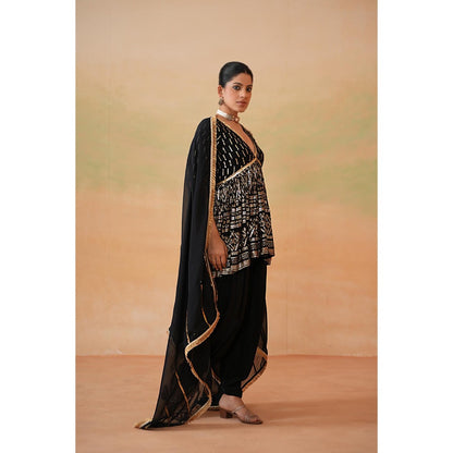 Deepika Chadha Black Embroidery Fabric Peplum Top with Dhoti and Dupatta (Set of 3)