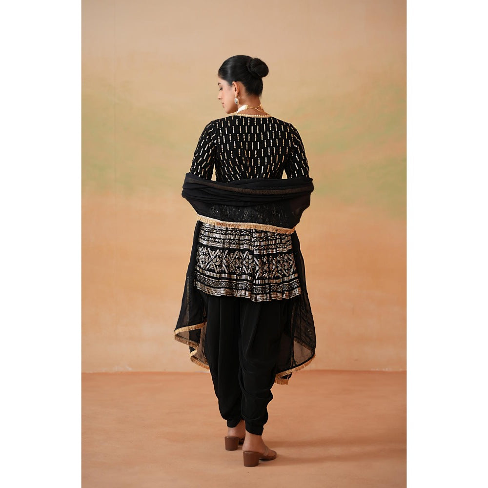 Deepika Chadha Black Embroidery Fabric Peplum Top with Dhoti and Dupatta (Set of 3)