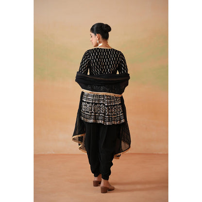 Deepika Chadha Black Embroidery Fabric Peplum Top with Dhoti and Dupatta (Set of 3)