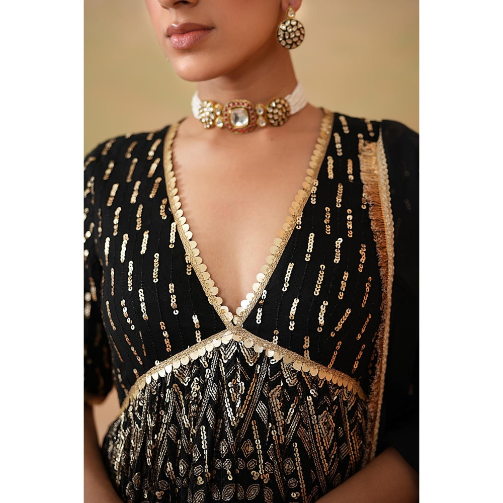 Deepika Chadha Black Embroidery Fabric Peplum Top with Dhoti and Dupatta (Set of 3)