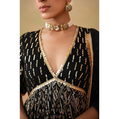 Deepika Chadha Black Embroidery Fabric Peplum Top with Dhoti and Dupatta (Set of 3)