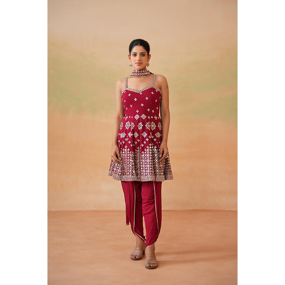 Deepika Chadha Maroon Embroidery Peplum Top with Dhoti and Choker Dupatta (Set of 3)