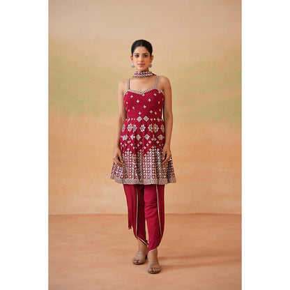 Deepika Chadha Maroon Embroidery Peplum Top with Dhoti and Choker Dupatta (Set of 3)