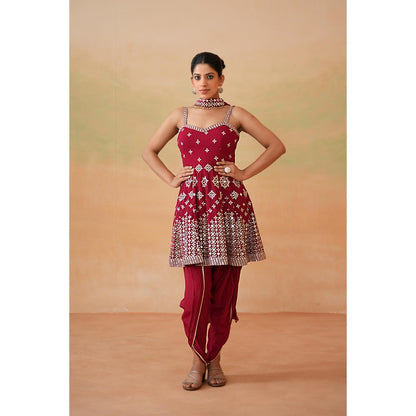 Deepika Chadha Maroon Embroidery Peplum Top with Dhoti and Choker Dupatta (Set of 3)