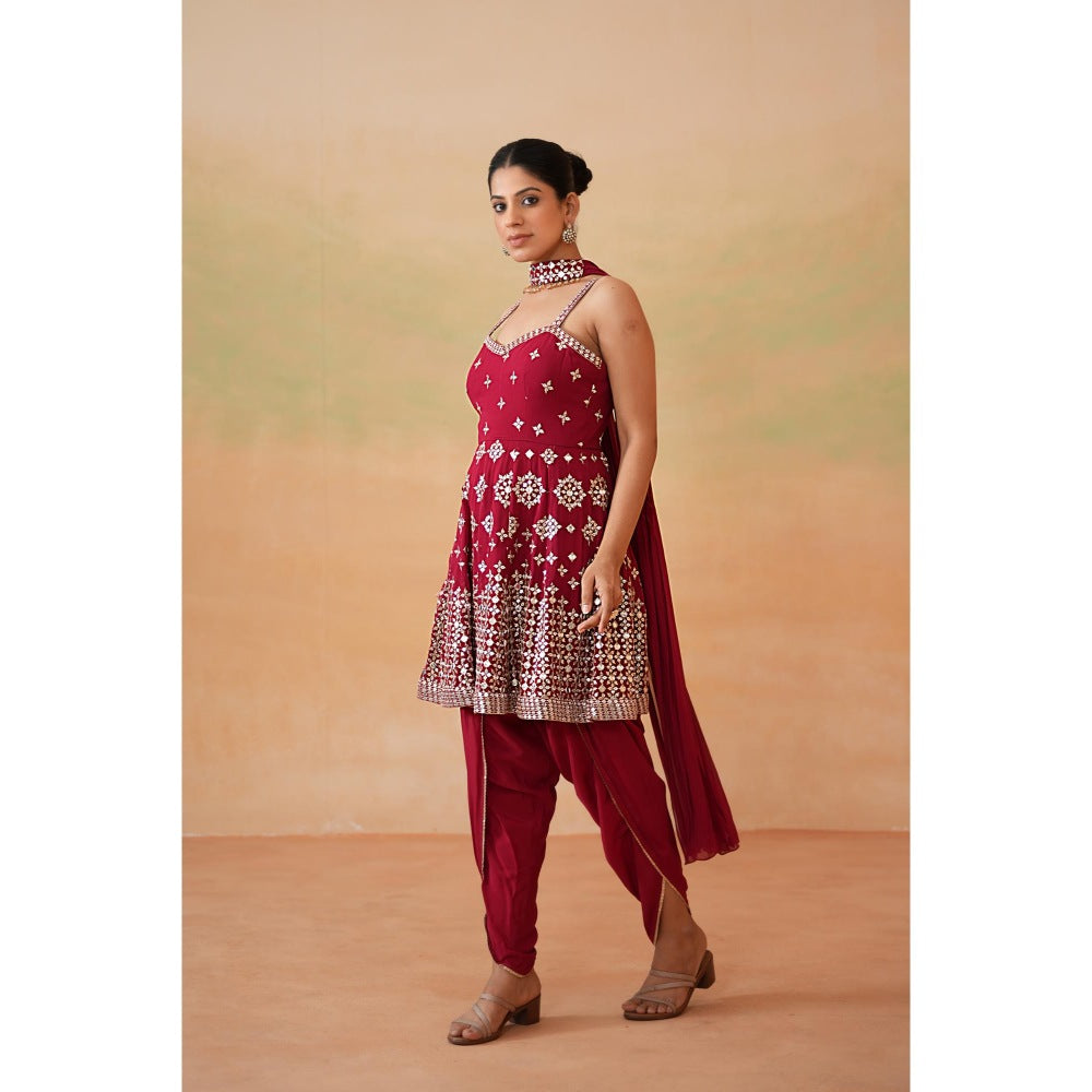 Deepika Chadha Maroon Embroidery Peplum Top with Dhoti and Choker Dupatta (Set of 3)