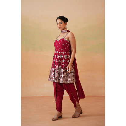 Deepika Chadha Maroon Embroidery Peplum Top with Dhoti and Choker Dupatta (Set of 3)