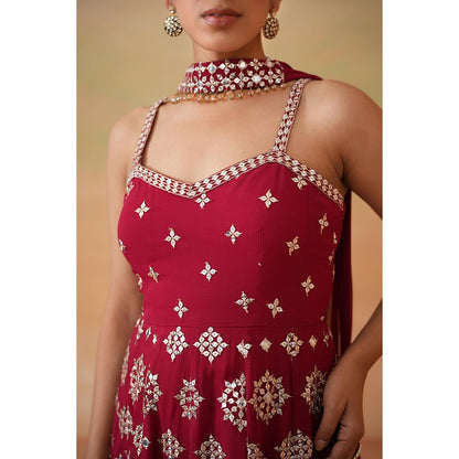 Deepika Chadha Maroon Embroidery Peplum Top with Dhoti and Choker Dupatta (Set of 3)