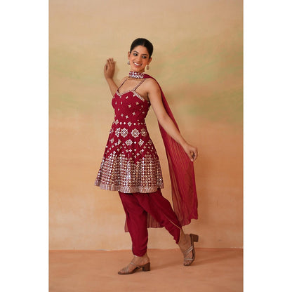 Deepika Chadha Maroon Embroidery Peplum Top with Dhoti and Choker Dupatta (Set of 3)