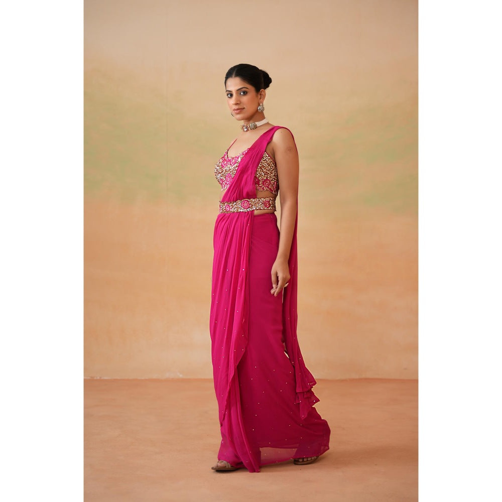 Deepika Chadha Pink Embroidered Pre-Drape Saree with Stitched Blouse and Belt