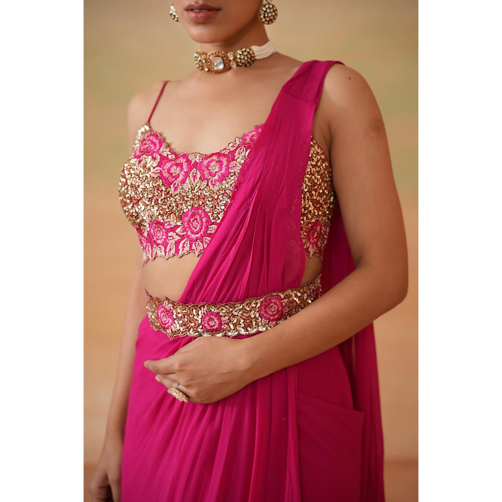 Deepika Chadha Pink Embroidered Pre-Drape Saree with Stitched Blouse and Belt