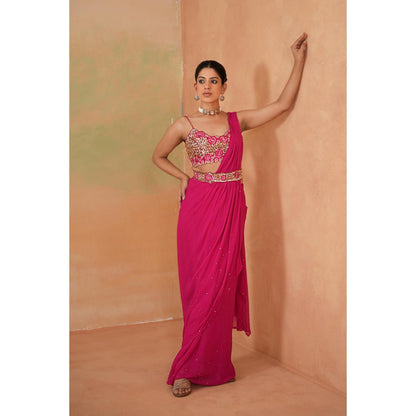 Deepika Chadha Pink Embroidered Pre-Drape Saree with Stitched Blouse and Belt
