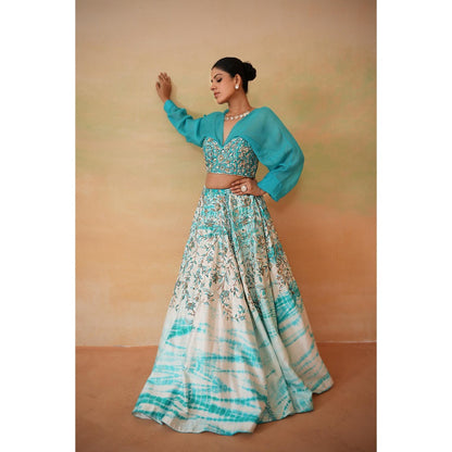 Deepika Chadha Sky Blue Embroidered Blouse with Lehenga and Dupatta (Set of 3)