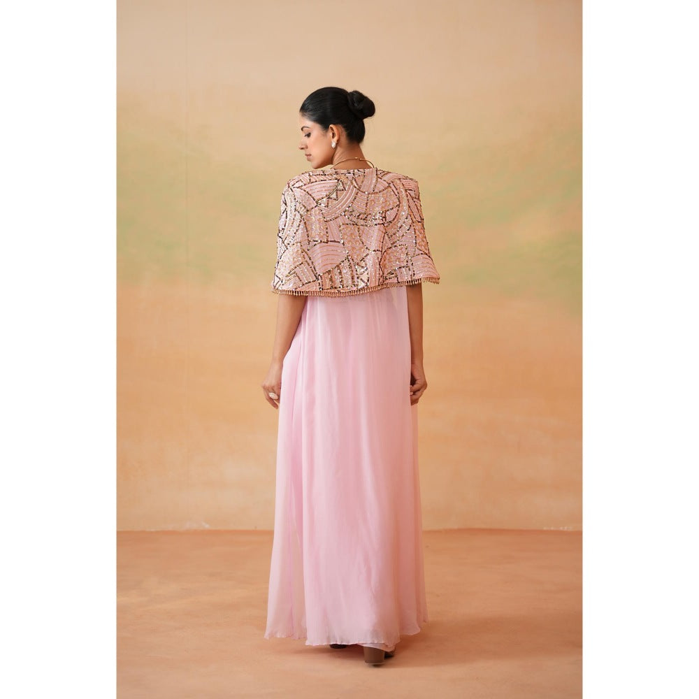 Deepika Chadha Light Pink Embroidery Blouse with Drape Skirt and Cape (Set of 3)