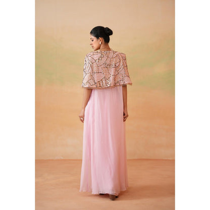 Deepika Chadha Light Pink Embroidery Blouse with Drape Skirt and Cape (Set of 3)