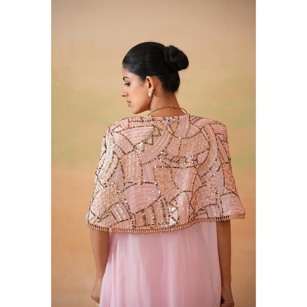 Deepika Chadha Light Pink Embroidery Blouse with Drape Skirt and Cape (Set of 3)