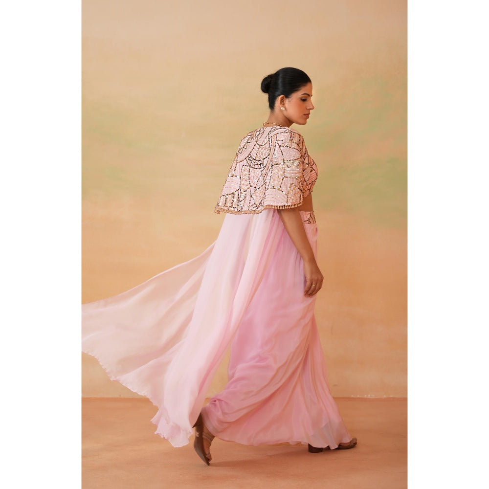 Deepika Chadha Light Pink Embroidery Blouse with Drape Skirt and Cape (Set of 3)