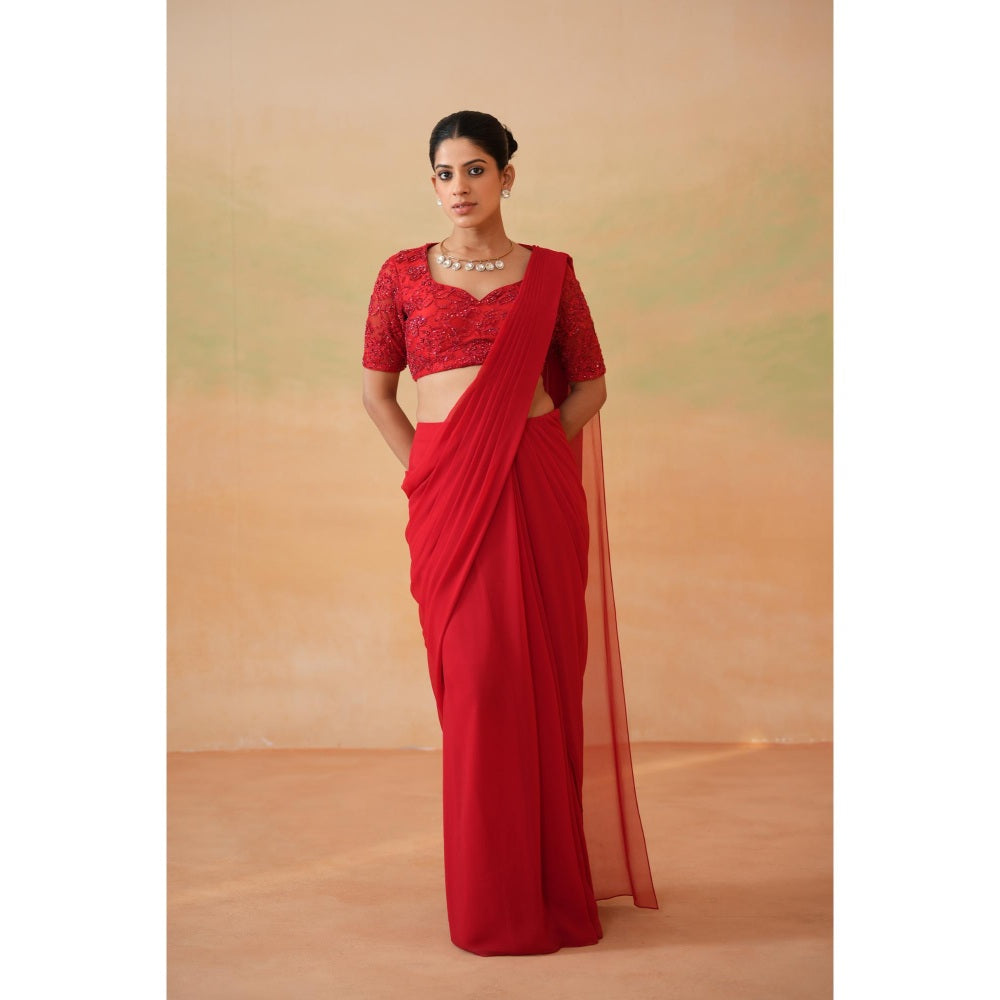 Deepika Chadha Red Embroidered Pre-Draped Saree with Stitched Blouse