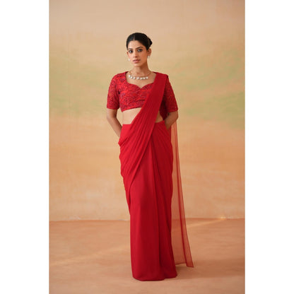 Deepika Chadha Red Embroidered Pre-Draped Saree with Stitched Blouse