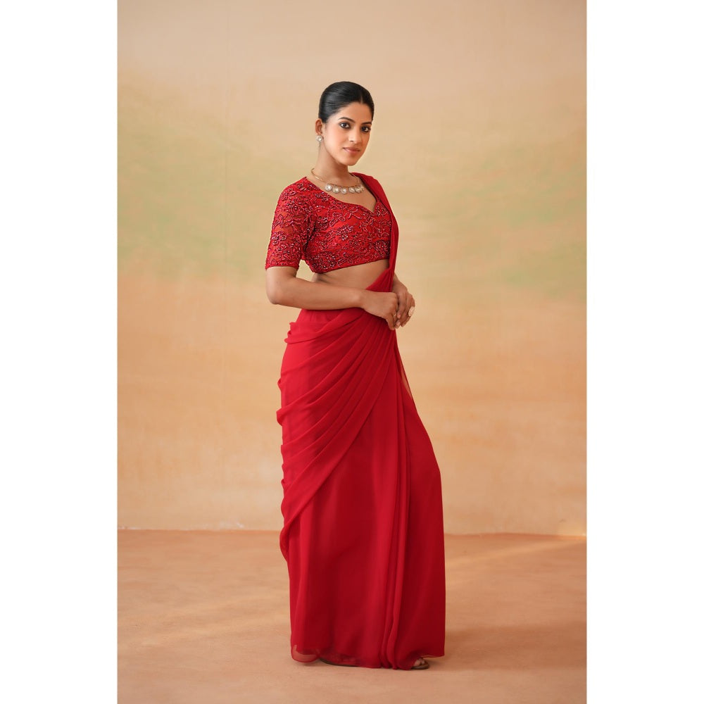 Deepika Chadha Red Embroidered Pre-Draped Saree with Stitched Blouse