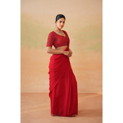 Deepika Chadha Red Embroidered Pre-Draped Saree with Stitched Blouse