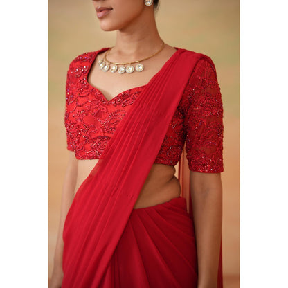 Deepika Chadha Red Embroidered Pre-Draped Saree with Stitched Blouse