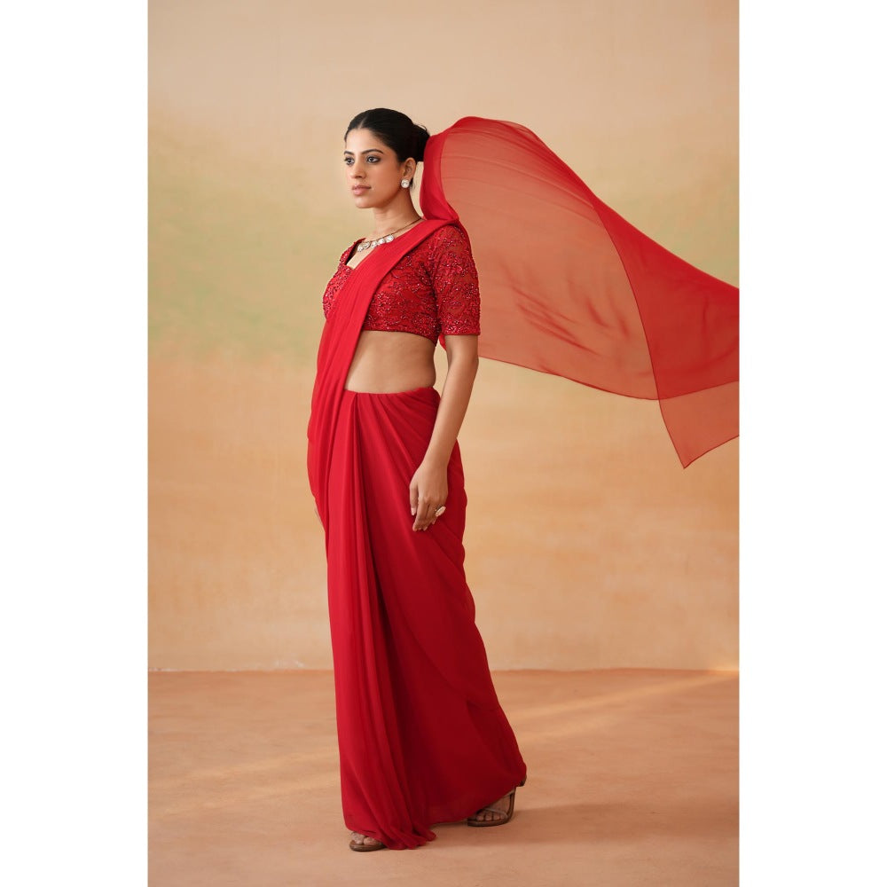 Deepika Chadha Red Embroidered Pre-Draped Saree with Stitched Blouse