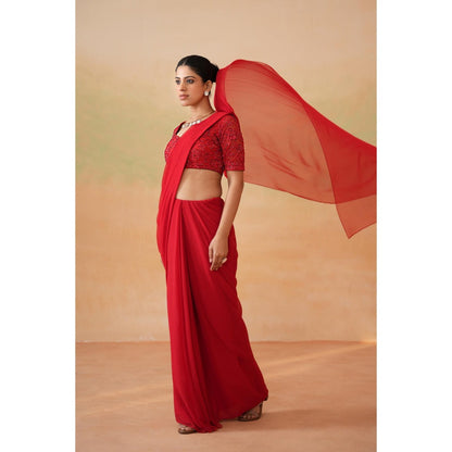 Deepika Chadha Red Embroidered Pre-Draped Saree with Stitched Blouse