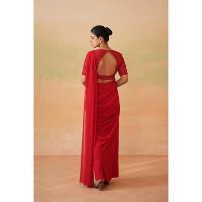 Deepika Chadha Red Embroidered Pre-Draped Saree with Stitched Blouse