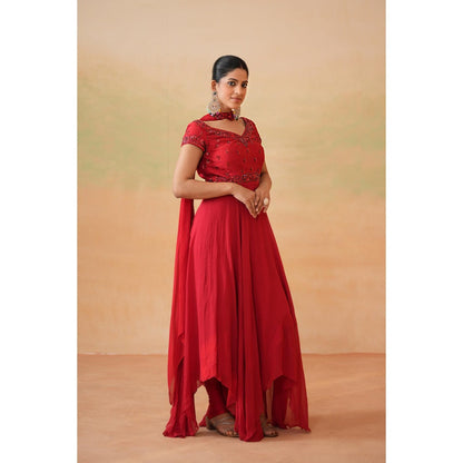 Deepika Chadha Red Embroidered Anarkali with Churidar and Choker Dupatta (Set of 3)