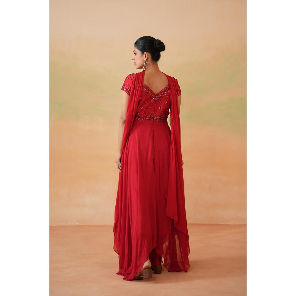 Deepika Chadha Red Embroidered Anarkali with Churidar and Choker Dupatta (Set of 3)