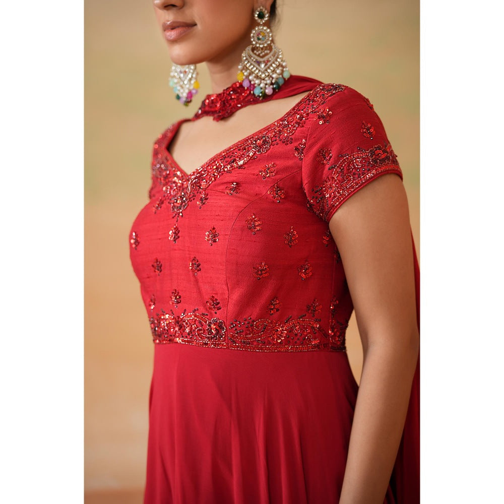 Deepika Chadha Red Embroidered Anarkali with Churidar and Choker Dupatta (Set of 3)