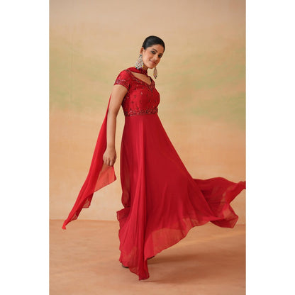 Deepika Chadha Red Embroidered Anarkali with Churidar and Choker Dupatta (Set of 3)