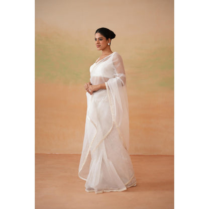 Deepika Chadha White Pre-Draped Saree with Stitched Blouse