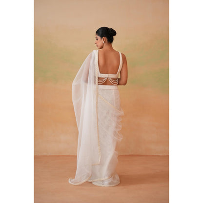 Deepika Chadha White Pre-Draped Saree with Stitched Blouse