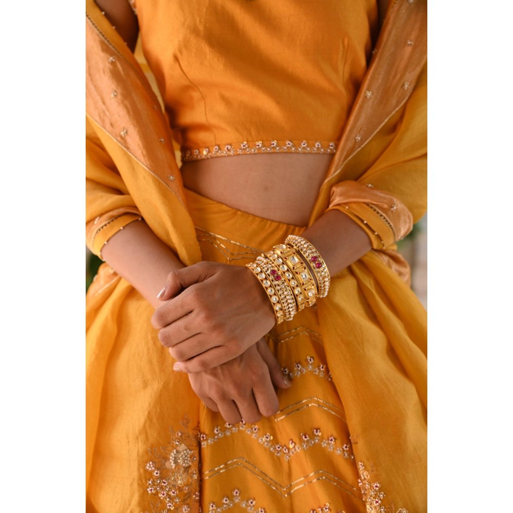 DEEPTHEE Mustard Yellow Hand Embroidered Lehenga (Set of 3)