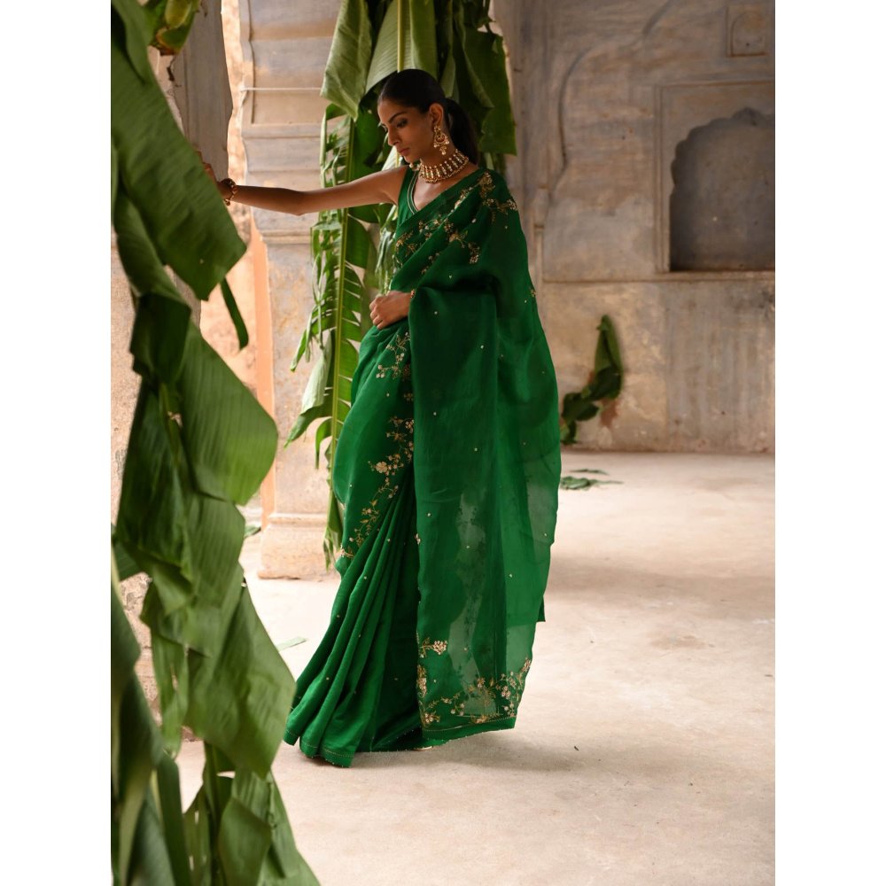 DEEPTHEE Green Half Organza and Half Silk Saree with Stitched Blouse