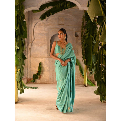 DEEPTHEE Powder Blue Hand Embroidered Saree with Stitched Blouse