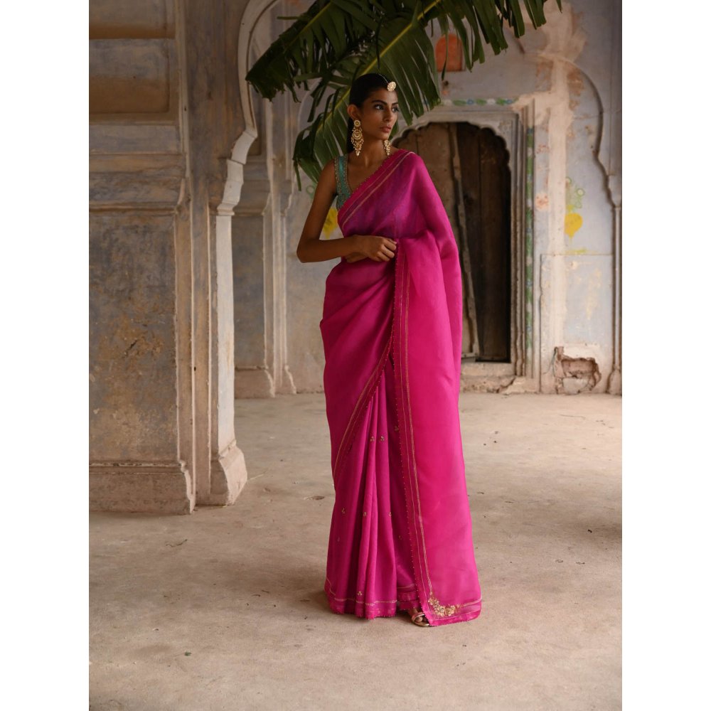 DEEPTHEE Fuchsia Pink Organza Saree with Stitched Blouse